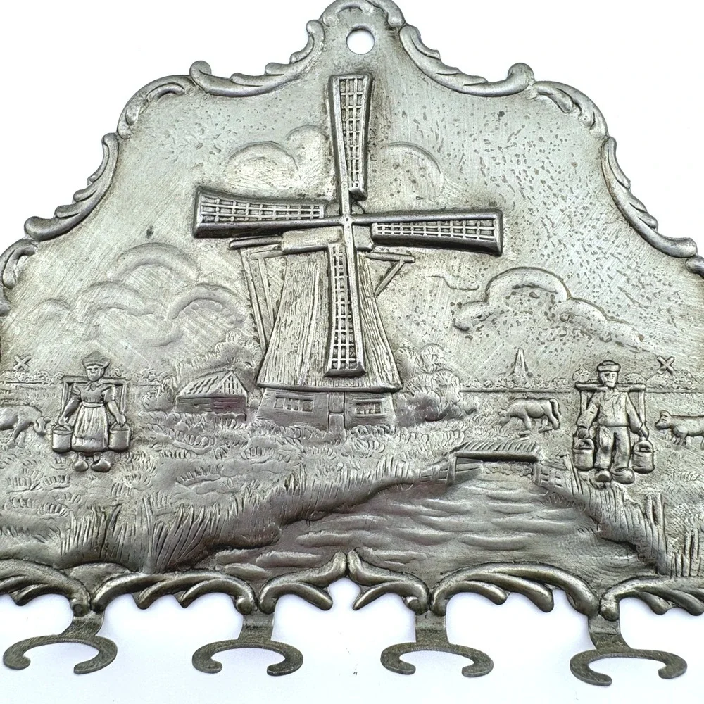 Vintage Dutch Windmill Metal Wall Key Rack 6 Hook Repousse Pewter Tone Folk Art